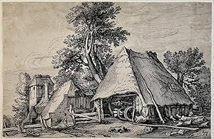 Antique print, etching | Farm with shed for a cart / Boerderij tussen het geboomte, published 162...