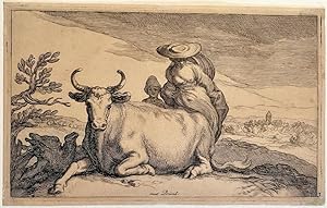 Antique print, etching and engraving | A reclining cow and a woman, published ca. 1650, 1 p.