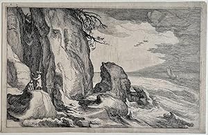 Antique print, engraving I View of a rocky coast (Gezicht op rotskust), published 1613-1614, 1 p.