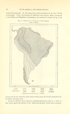 Distribution of Rainfall in South America,1894 Antique Map