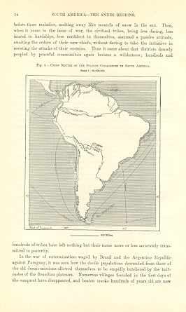 Chief Routes of the Spanish Conqueros in South America,1894 Antique Map