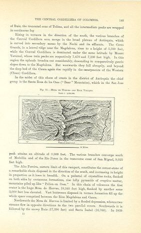 1894 Antique Map of Mesa de Herveo and Ruiz Volcano in Colombia