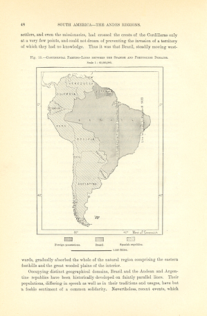 1894 Antique Map of the Continental Parting Lines between the Spanish and Portuguese Domains in S...