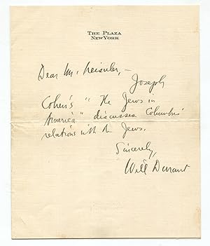 1927 American Historian William Durant Autograph Letter Signed