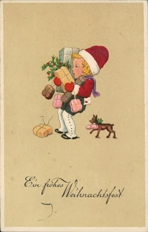 Ansichtskarte / Postkarte Glückwunsch Weihnachten, Mädchen, Geschenke, Stechpalme, Hund