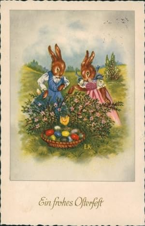 Ansichtskarte / Postkarte Frohe Ostern, Osterhasen, Hasenfrauen, Ostereier, Küken