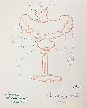 Humoristique dessin original à l'encre bleue et rehaussé au feutre orange intitulé Lampe-mère 190...