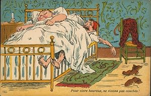 Ansichtskarte / Postkarte Ehepaar im Bett, dicke Frau, dünner Mann hat keinen Platz