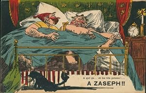 Ansichtskarte / Postkarte Paar im Bett, dicke Frau, dünner Mann, Katze