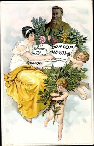 Jugendstil Ansichtskarte / Postkarte Reklame, 25-jähriges Jubiläum des Dunlop Pneumatik, 1888-1913