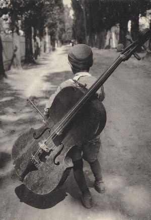 1930s Boy Busker Walking Giant Cello Bass Musical Instrument Photo Postcard