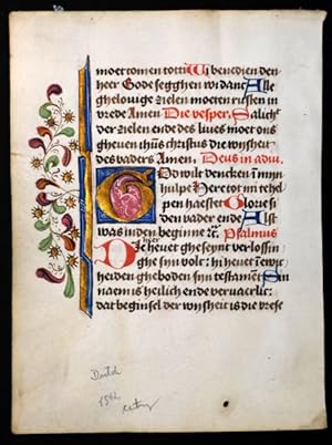 15 century manuscript leaf on vellum from book of hours with large decorated initial.