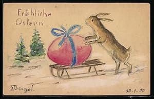 Künstler-Ansichtskarte Handgemalt: Osterhase mit Osterei auf einem Schlitten