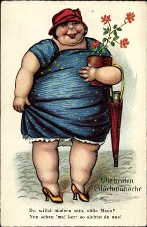 Ansichtskarte / Postkarte Glückwunsch Geburtstag, Dicke Frau mit Blumentopf