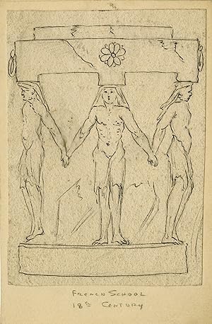 Design for a plinth with three male figures and a daisy motif