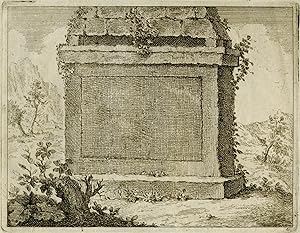 Frontispiece with tomb in a rocky landscape