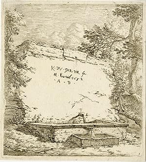 Frontispiece with stepped fountain; a stone wall with water spout pouring water into a rectilinea...