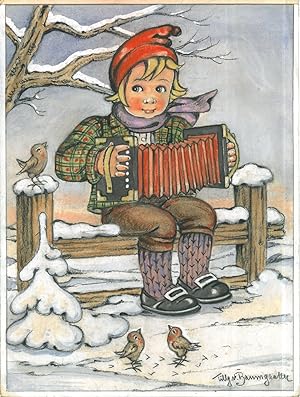 MUSIK. - Akkordeon. Ein Mädchen sitzt in einer winterlichen Landschaft auf einer Bank und spielt ...