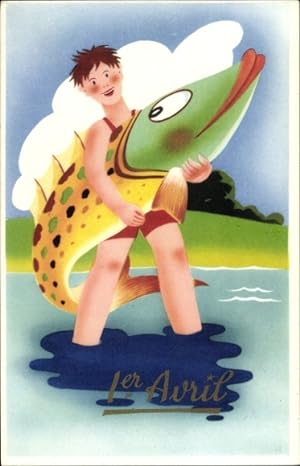 Ansichtskarte / Postkarte 1. April, Junge mit großem Fisch