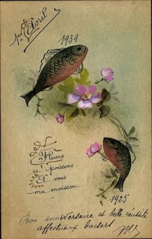 Handgemalt Ansichtskarte / Postkarte 1. April, Fische und Blüten