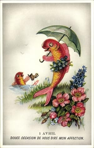 Ansichtskarte / Postkarte 1. April,Vermenschlichte Fische, Regenschirm, Schuh