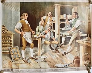 Printers. Benjamin Franklin, the eminent philosopher and statesman, working as a printer, and dem...