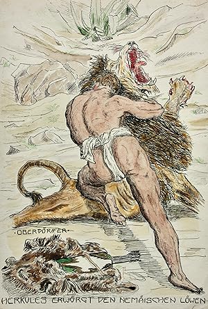 Aquarell, "Herkules erwürgt den Nemäischen Löwen"