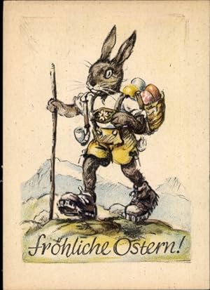 Ansichtskarte / Postkarte Glückwunsch Ostern, Vermenschlichter Osterhase mit Ostereiern, Lederhose