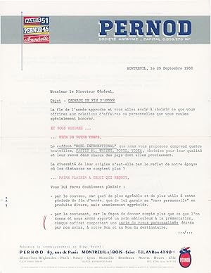 Original typed letter from Bernard Cambournac to a General Director at Pernod, 1962