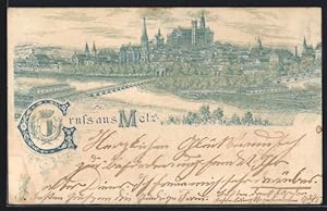 Lithographie anciennes Metz, 1893, vue générale der Stadt