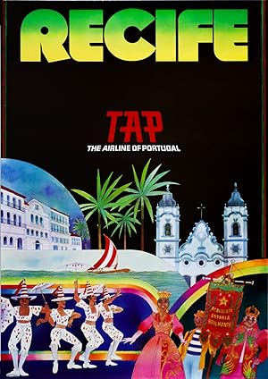 1970s Portuguese Travel Poster, Recife (Brazil), TAP (The Airline of Portugal)