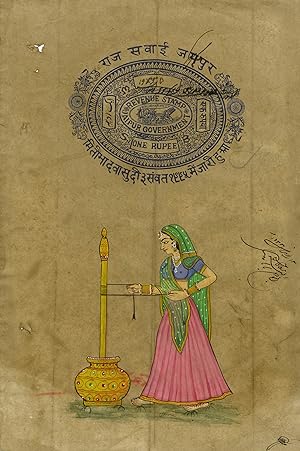 A woman in jewels and a gossamer sari churns butter for ghee