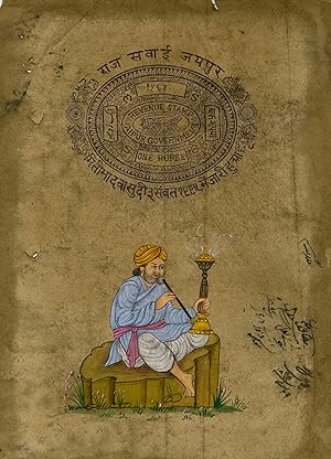 Turbaned man seated, smoking a hookah