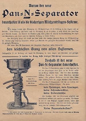 Werbezettel für die Pan-N-Separatoren-Fabrik in Tilsit. Mit einigen Textillustrationen.