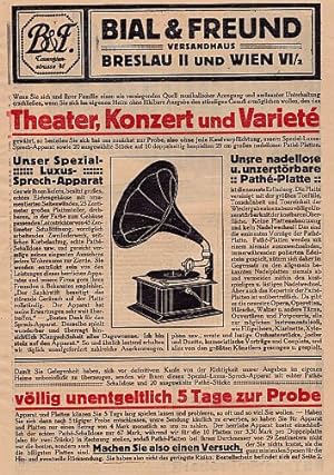 Farbiges Werbeblatt des Versandhauses Bial & Freund, Breslau II und Wien VI/2 über : Theater, Kon...