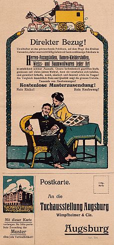 Farbiges Werbeblatt der Tuchausstellung Augsburg, Wimpfheimer & Cie. Unten mit Postkarte zur Zuse...