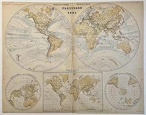 Cartography, colored lithography | Worldmap with globe circles, published ca. 1870, 1 p.