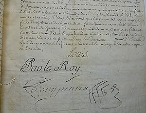 Arrêts et Lettres patentes du Roi, grenier à sel de Joyeuse, 1774, 2 parchemins signés Louis, con...