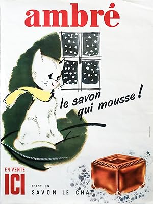 1940's French Soap Advertisement - Ambré le chat (Le Savon Qui Mousse) Window Scene