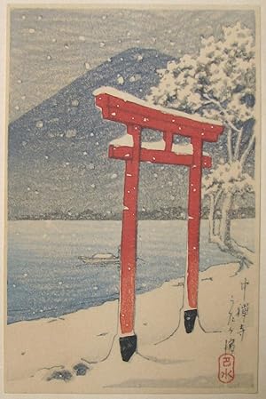 "Torii at Lake Chuzenji" - card with Woodblock