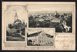 Ansichtskarte Wethau, Gasthaus zum Deutschen Haus, Bes. Franz Fliege, Kirche, Totalansicht