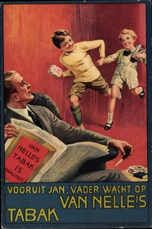 Künstler Ansichtskarte / Postkarte Van Nelle's Tabak, Reklame, Kinder, Vater mit Zeitung