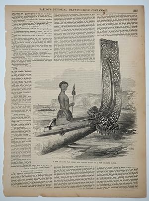 A New Zealand War Chief, and Carved Stern of a New Zealand Canoe, as seen in Ballou's Pictorial D...