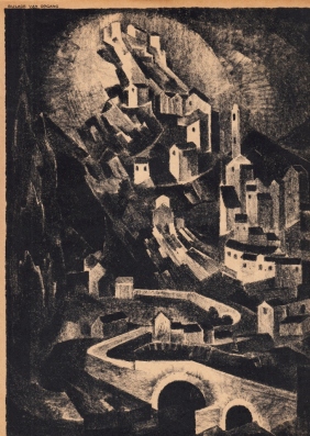 Stad op het eiland Corsica. Originele lithografie in zwartwit, als bijlage in het jeugdtijdschrif...