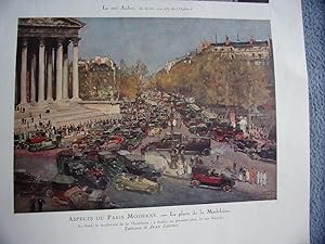 Planche couleur 1925 tiree de l' illustration ASPECTS DU PARIS MODERNE LA PLACE DE LA MADELEINE