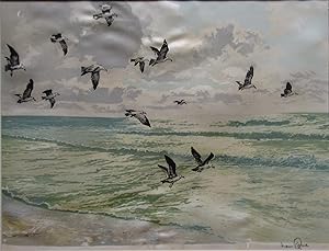 "Seagulls at Beach" Original Lithograph on Cloth