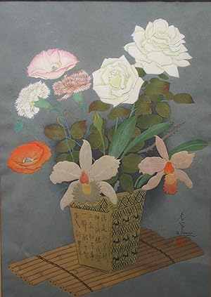 Flowers in a Vase with White Roses - Original Wood Block