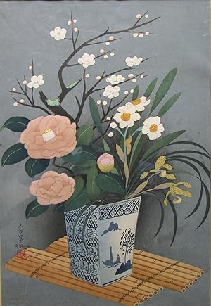 Flowers in a Vase with Pink Roses - Original Wood Block