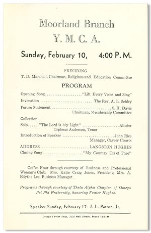 [Program for an Appearance by Langston Hughes in Dallas, Texas:] MOORLAND BRANCH Y.M.C.A. . [capt...