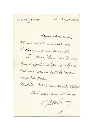 Le maréchal Pétain soumet une idée de dessin à son correspondant après la dernière grande victoir...